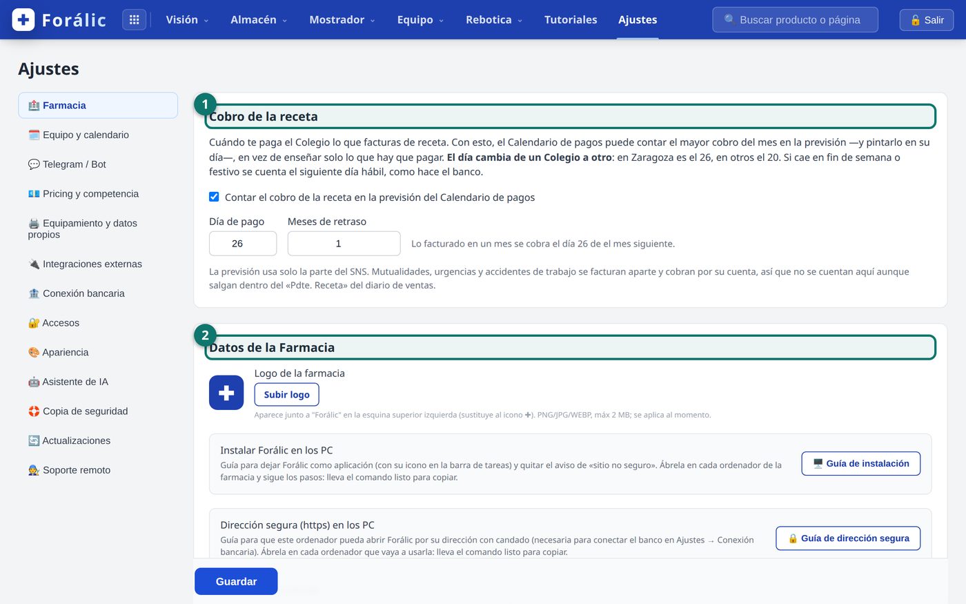 Pantalla de Ajustes con su índice a la izquierda y los bloques de Cobro de la receta y Datos de la Farmacia