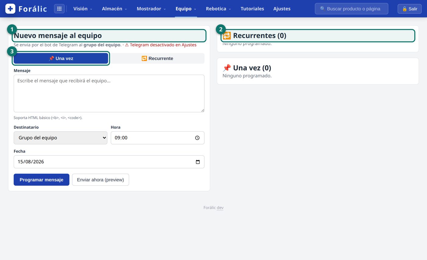 Pantalla de Avisos y Formación: el formulario de nuevo mensaje al equipo con destinatario, hora y fecha, y a la derecha las listas de mensajes recurrentes y de una vez