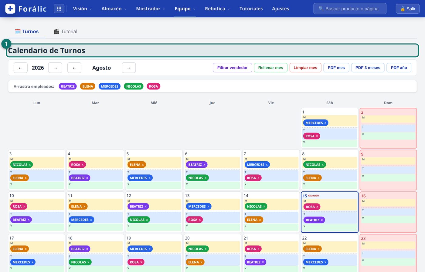 Calendario mensual de turnos con cada trabajador en su color