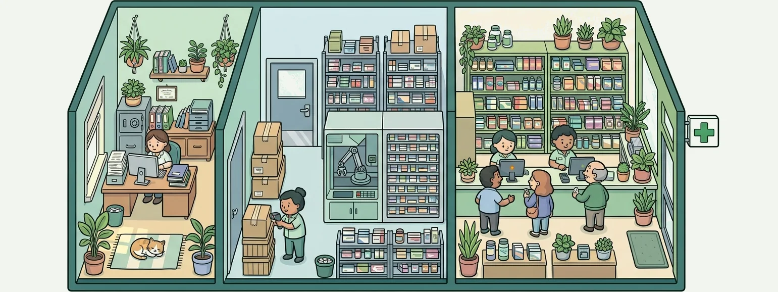 Corte de una farmacia con sus tres zonas: a la izquierda el despacho, con una persona trabajando en el ordenador junto a archivadores y una caja fuerte; en el centro la rebotica, con estanterías de cajas, un robot dispensador y alguien revisando un pedido; a la derecha el mostrador, con dos personas atendiendo a tres clientes. Plantas por todas partes y un gato dormido.