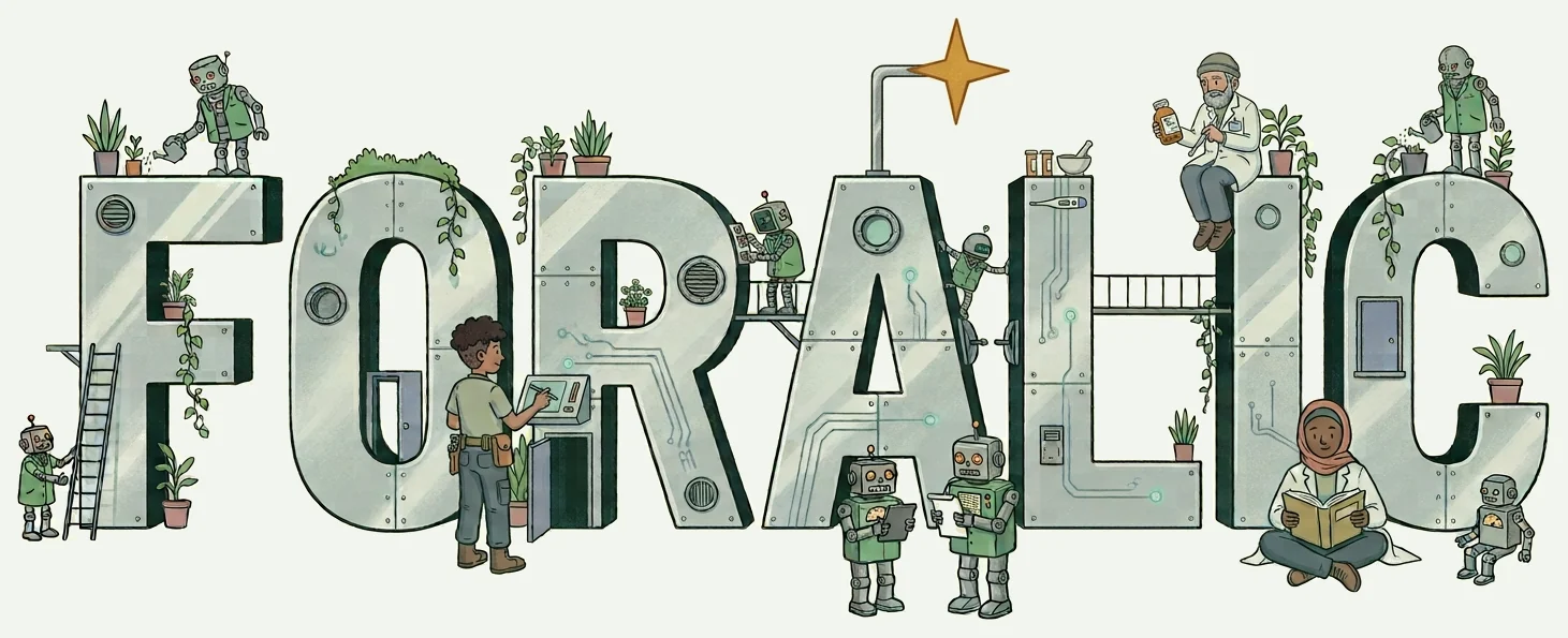 La palabra FORÁLIC construida como edificios de chapa metálica, con farmacéuticos y pequeños robots trabajando sobre las letras entre plantas; sobre la A, una estrella de cuatro puntas colgada de un tubo hace de tilde.